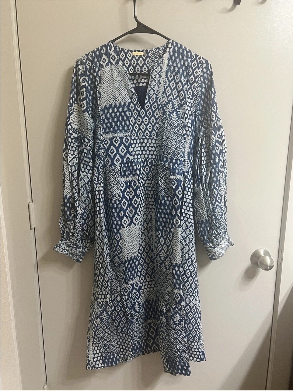 Blue Patterned V-Neck Long Sleeve Women's Dress